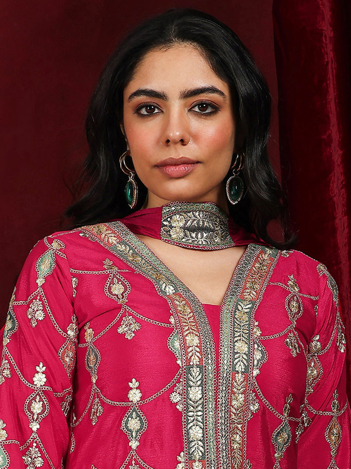 Libas Art Pink Embroidered Silk Blend Straight Suit With Dupatta