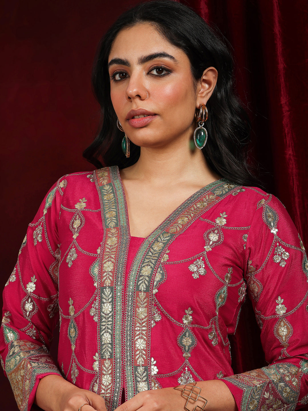 Libas Art Pink Embroidered Silk Blend Straight Suit With Dupatta