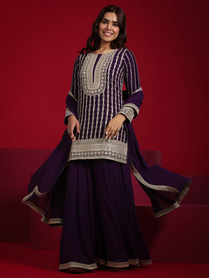 Libas Art Purple Embroidered Georgette A-Line Suit With Dupatta