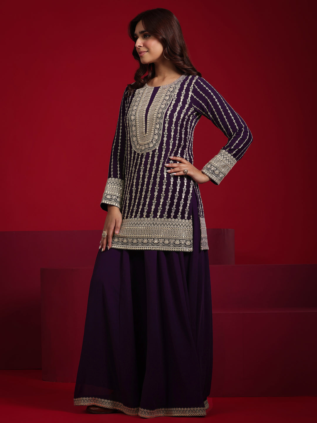 Libas Art Purple Embroidered Georgette A-Line Suit With Dupatta