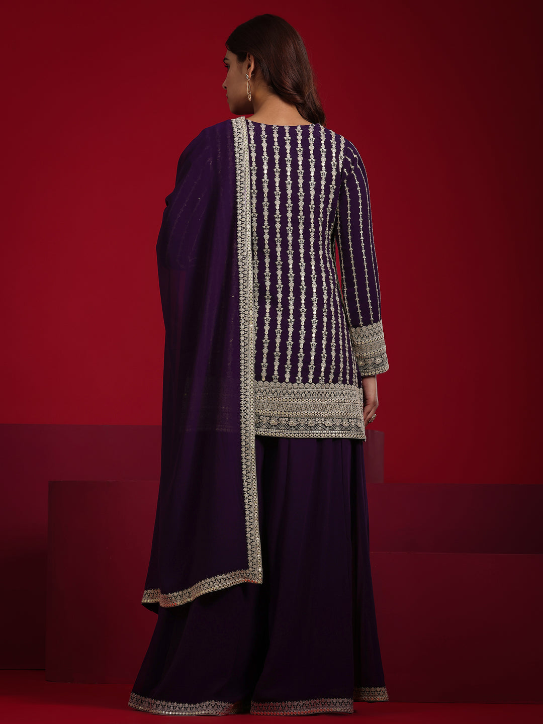 Libas Art Purple Embroidered Georgette A-Line Suit With Dupatta