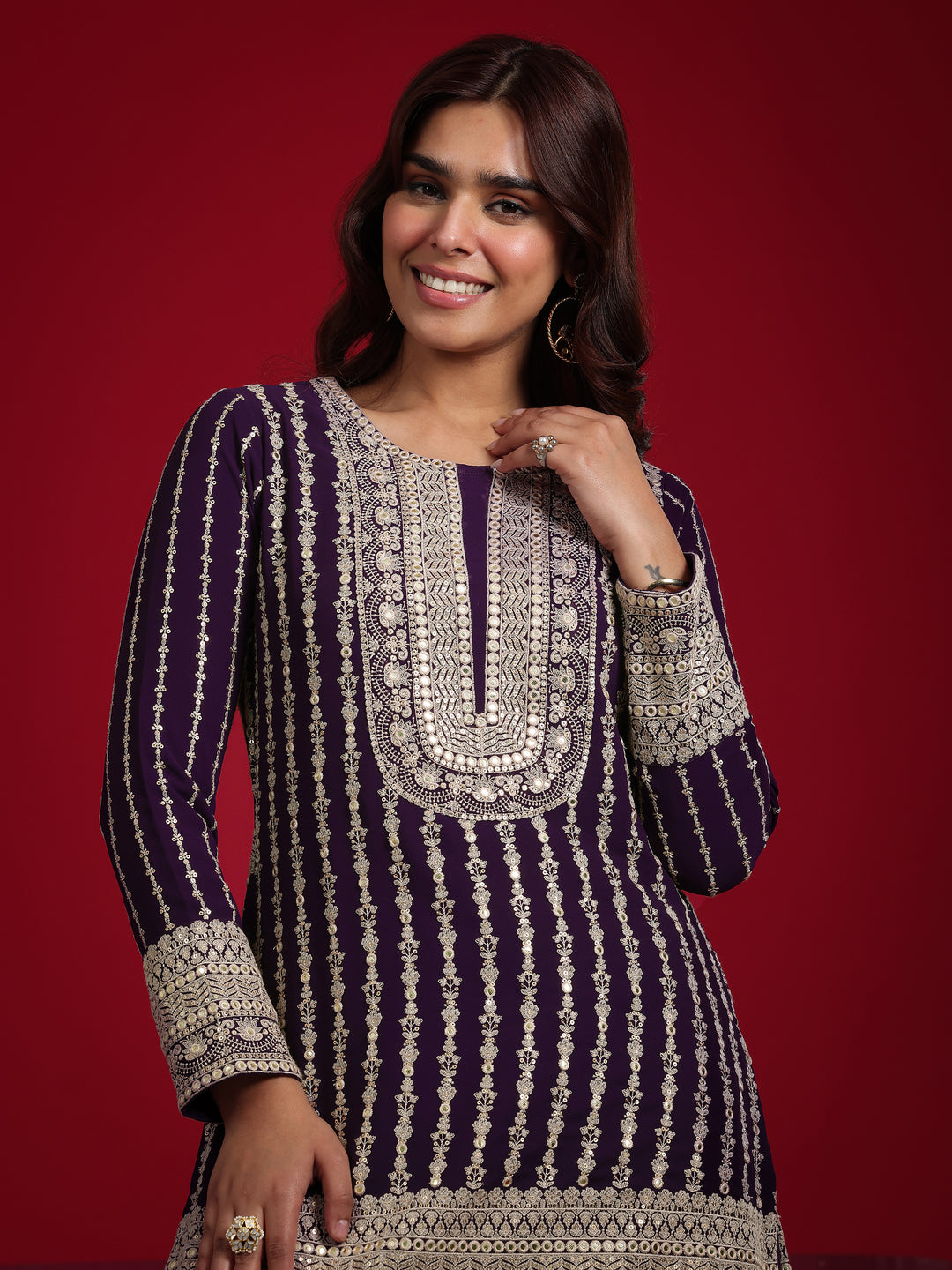 Libas Art Purple Embroidered Georgette A-Line Suit With Dupatta