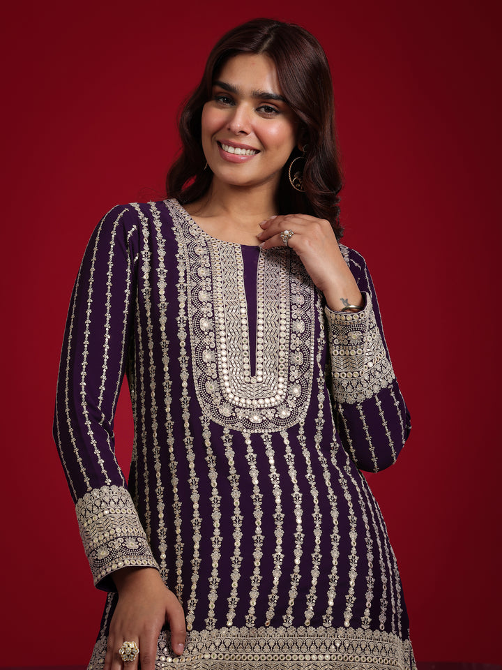 Libas Art Purple Embroidered Georgette A-Line Suit With Dupatta