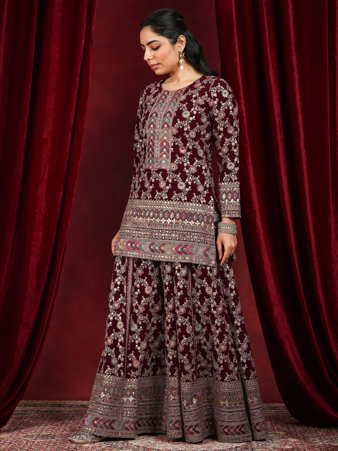 Libas Art Maroon Embroidered Georgette Straight Suit With Dupatta