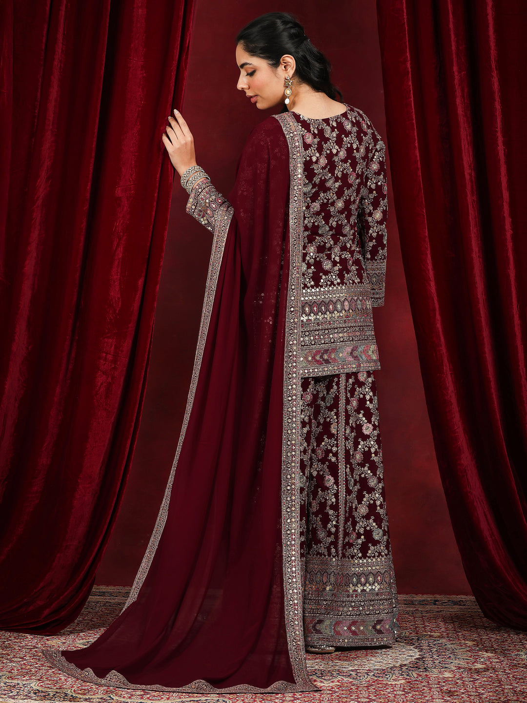 Libas Art Maroon Embroidered Georgette Straight Suit With Dupatta