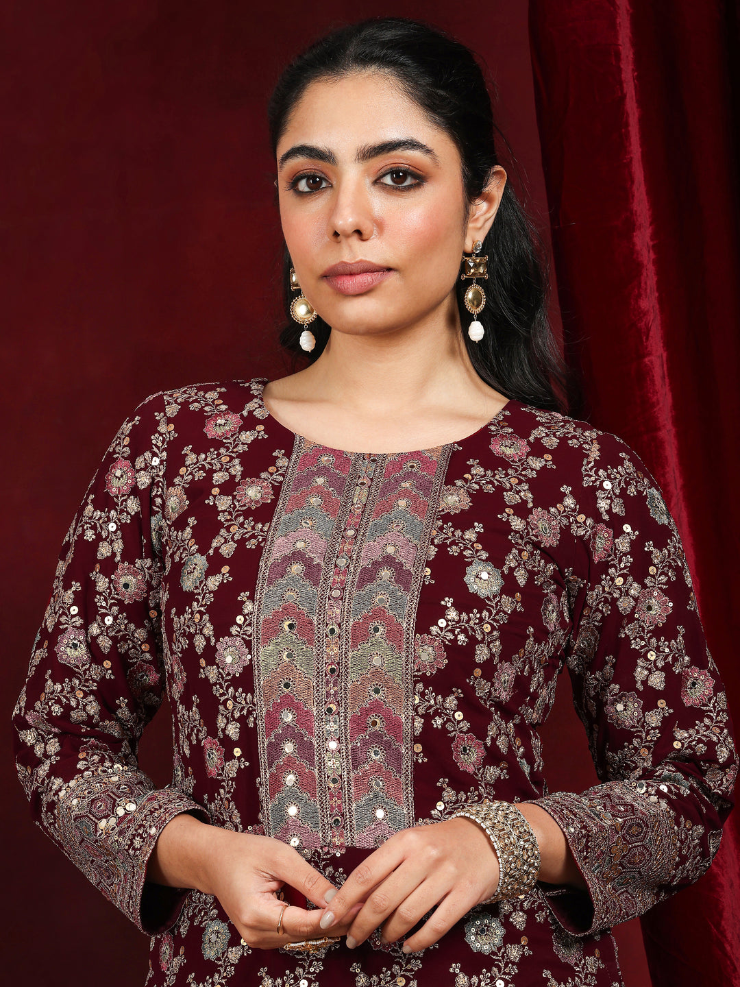 Libas Art Maroon Embroidered Georgette Straight Suit With Dupatta
