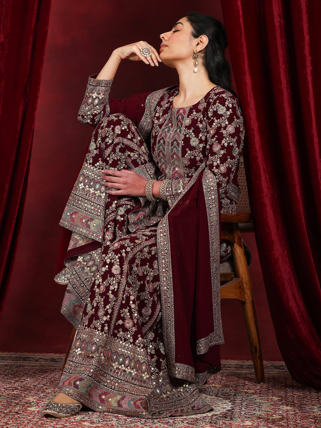 Libas Art Maroon Embroidered Georgette Straight Suit With Dupatta