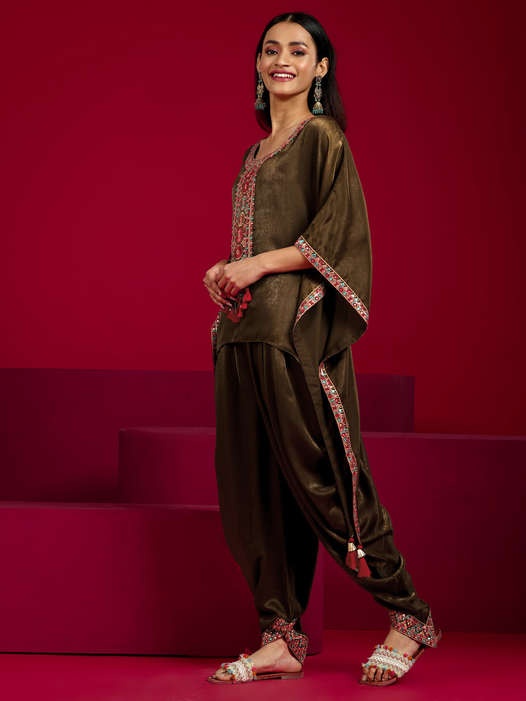 Libas Art Brown Embroidered Silk Blend Straight Kurta Set