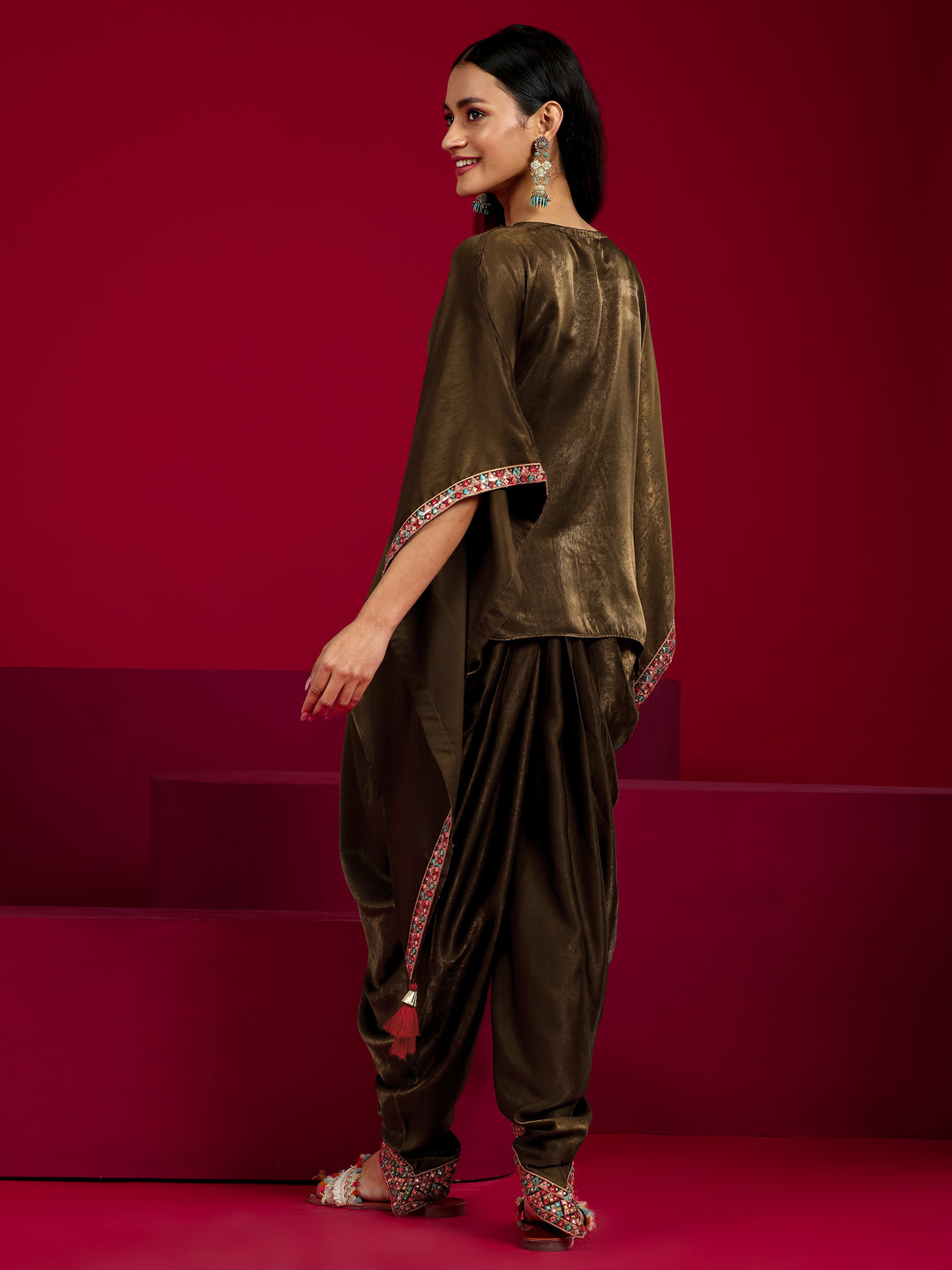 Libas Art Brown Embroidered Silk Blend Straight Kurta Set