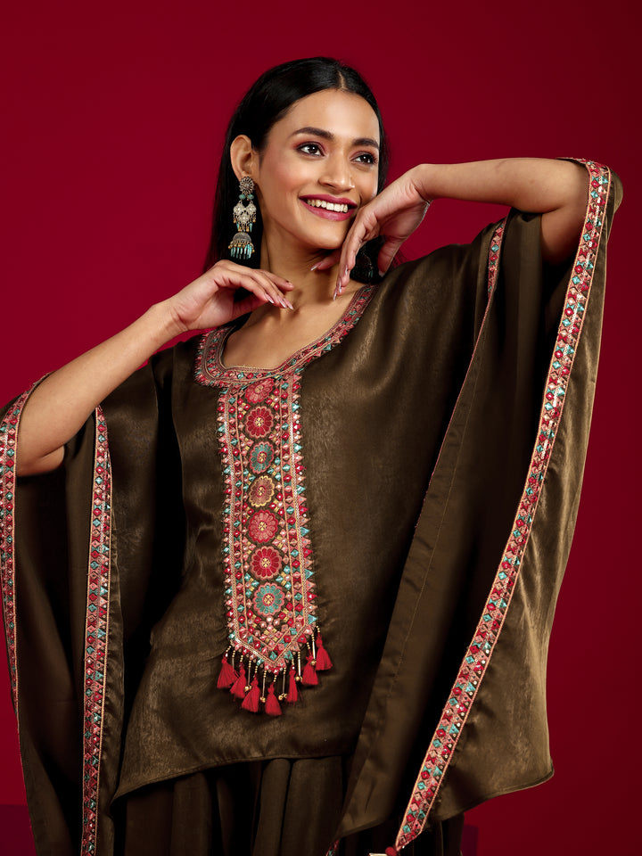 Libas Art Brown Embroidered Silk Blend Straight Kurta Set