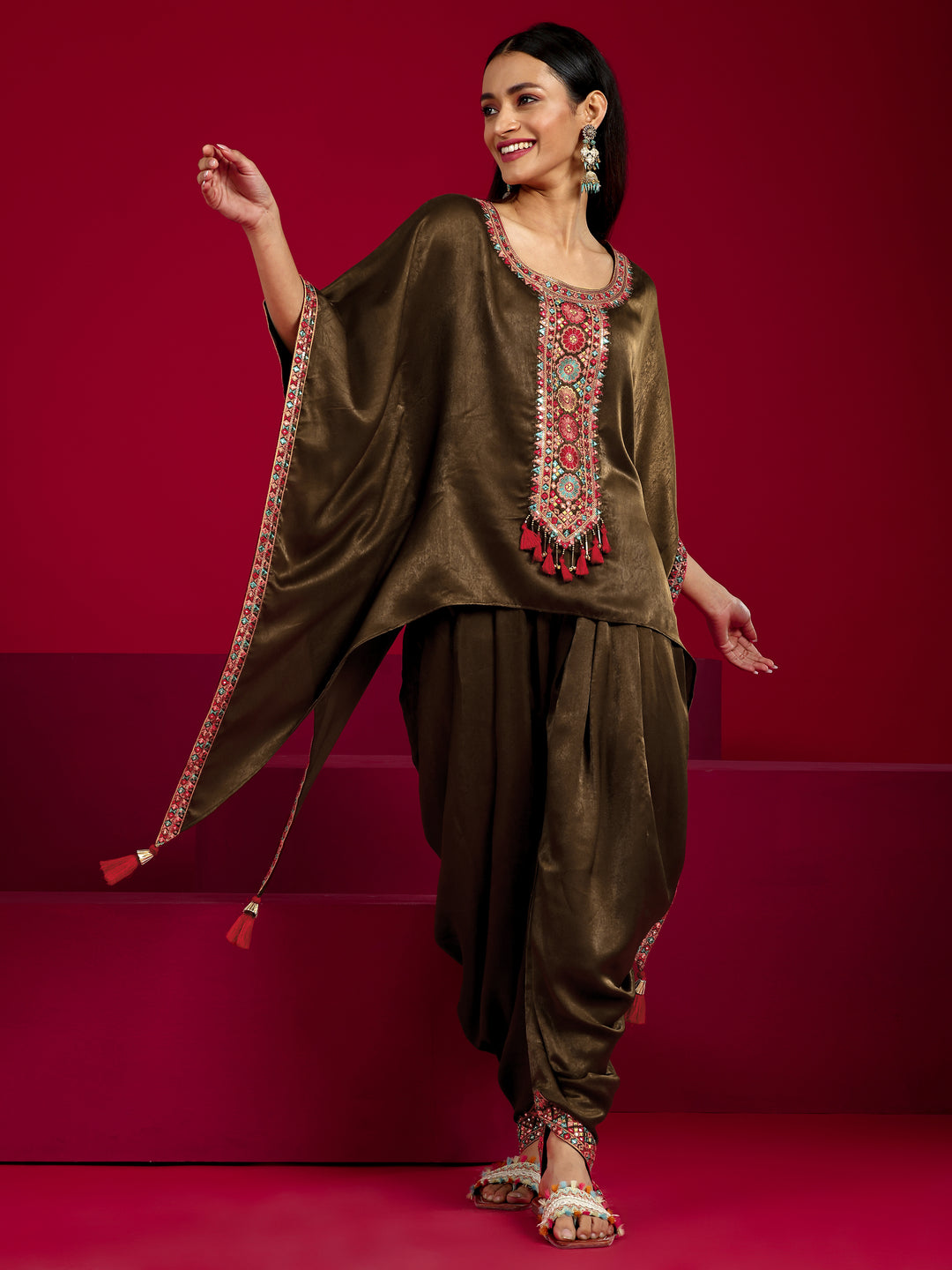 Libas Art Brown Embroidered Silk Blend Straight Kurta Set