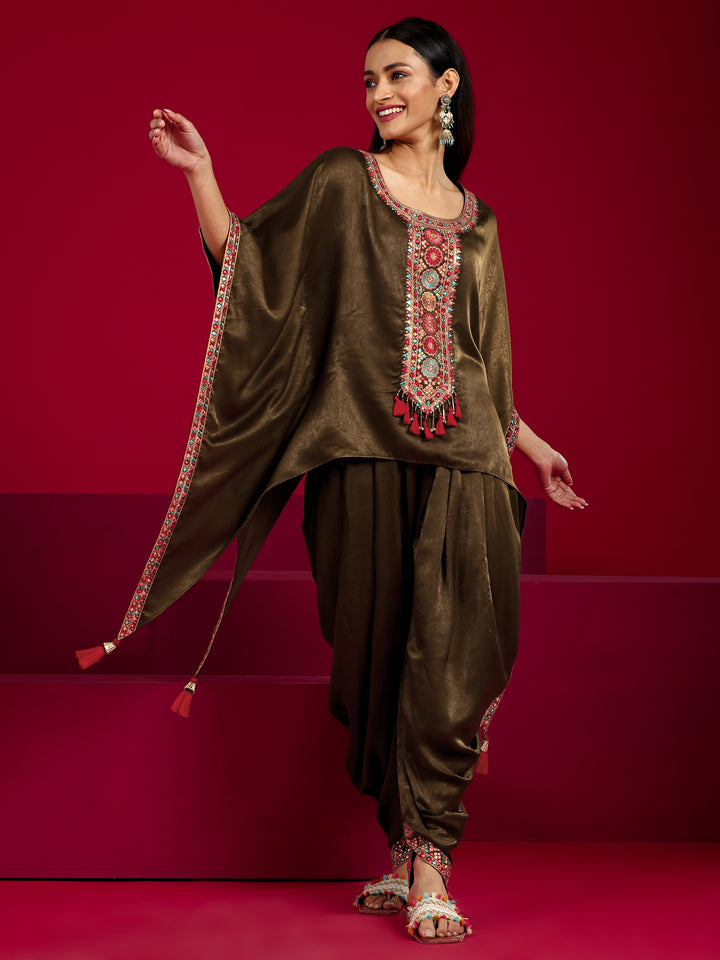 Libas Art Brown Embroidered Silk Blend Straight Kurta Set