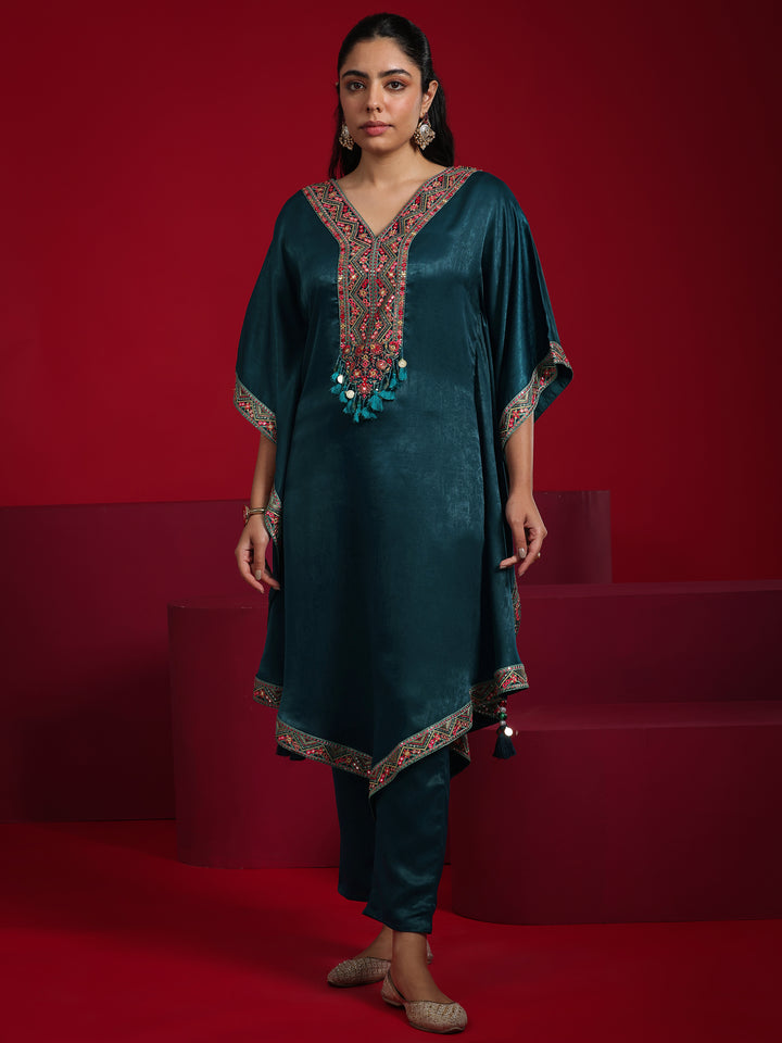 Libas Art Teal Embroidered Silk Blend Straight Kurta Set