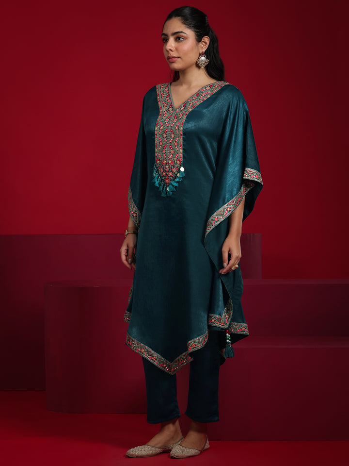Libas Art Teal Embroidered Silk Blend Straight Kurta Set