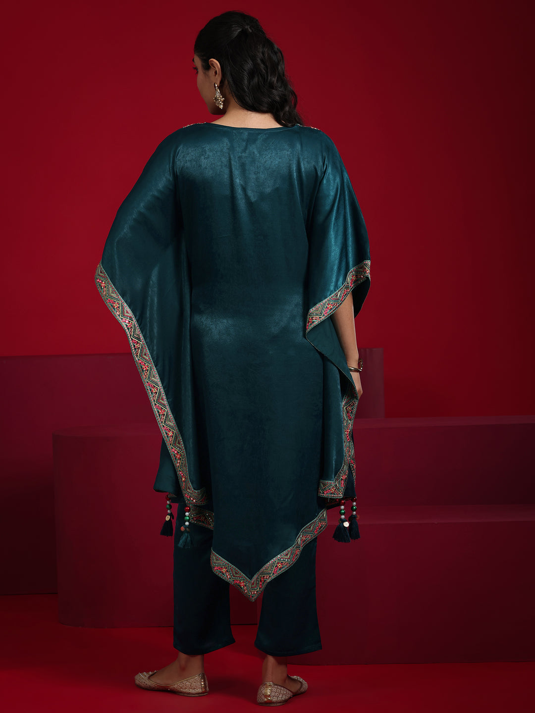 Libas Art Teal Embroidered Silk Blend Straight Kurta Set