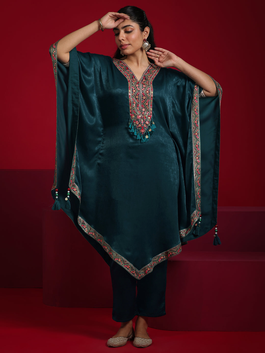 Libas Art Teal Embroidered Silk Blend Straight Kurta Set