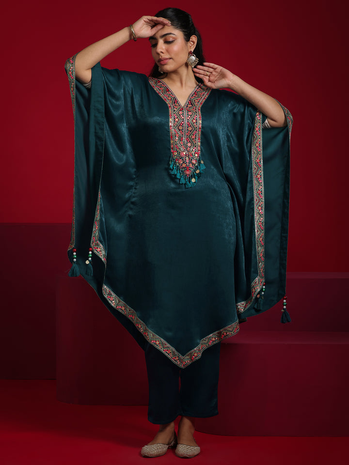 Libas Art Teal Embroidered Silk Blend Straight Kurta Set