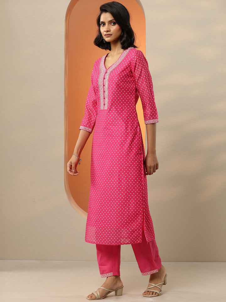 Pink Printed Silk Blend Straight Suit With Dupatta