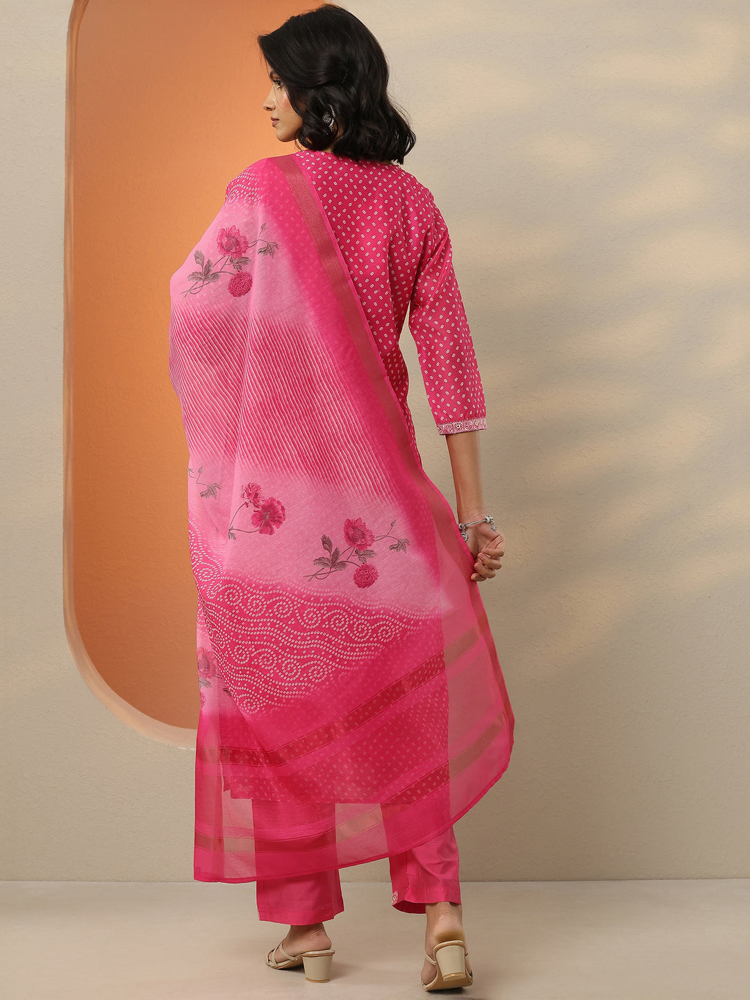 Pink Printed Silk Blend Straight Suit With Dupatta