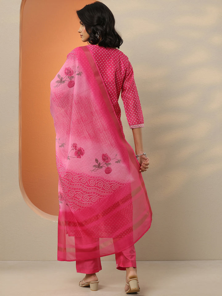 Pink Printed Silk Blend Straight Suit With Dupatta