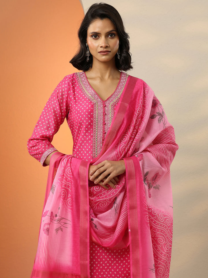 Pink Printed Silk Blend Straight Suit With Dupatta