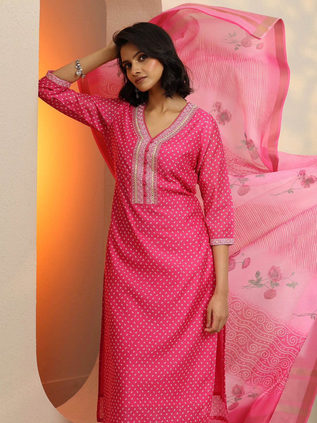 Pink Printed Silk Blend Straight Suit With Dupatta