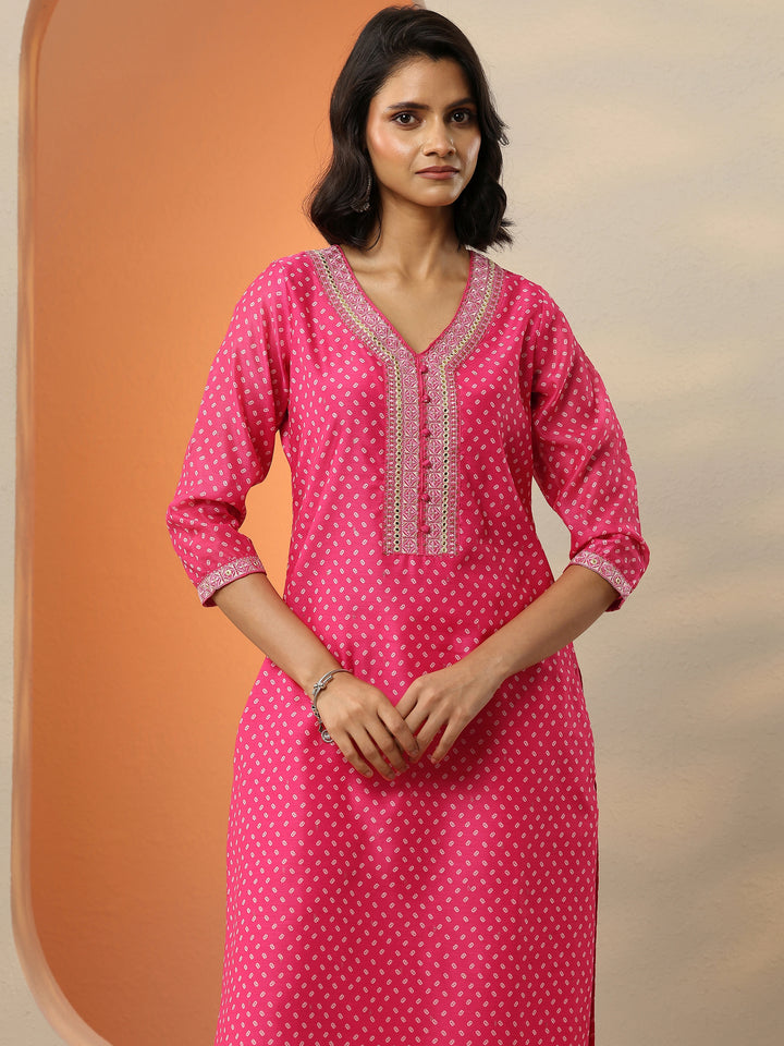 Pink Printed Silk Blend Straight Suit With Dupatta