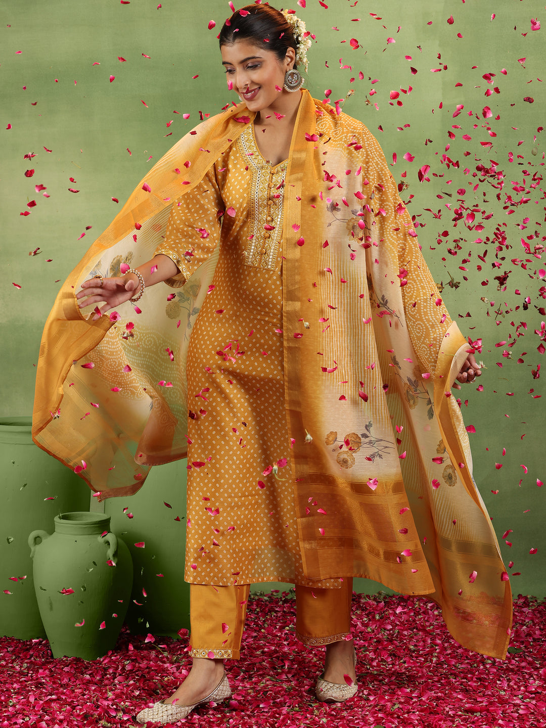 Mustard Printed Silk Blend Straight Suit With Dupatta