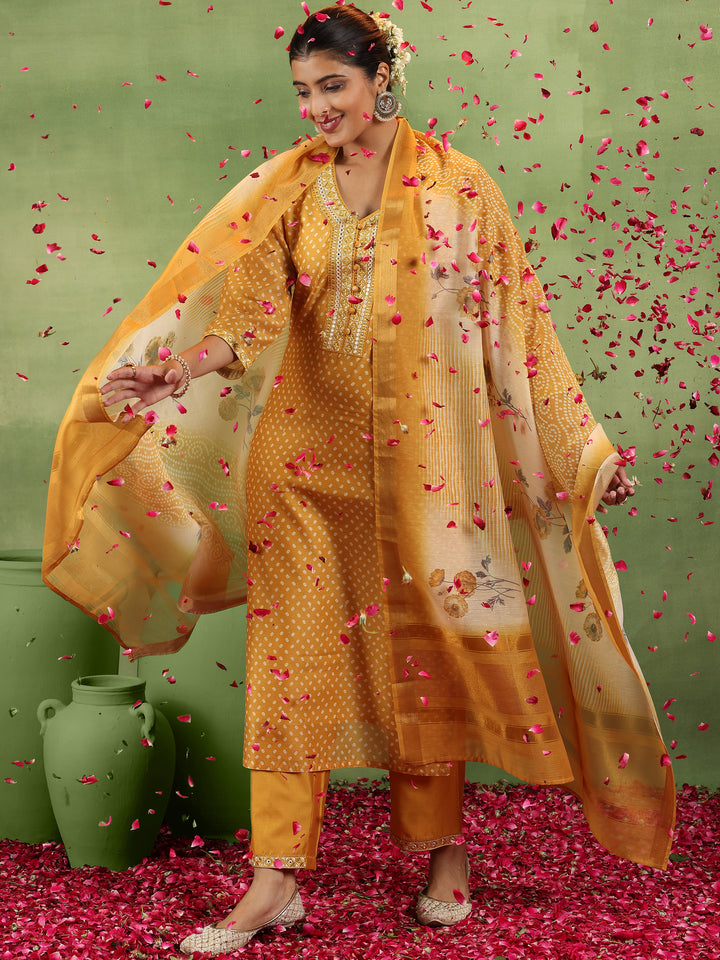 Mustard Printed Silk Blend Straight Suit With Dupatta