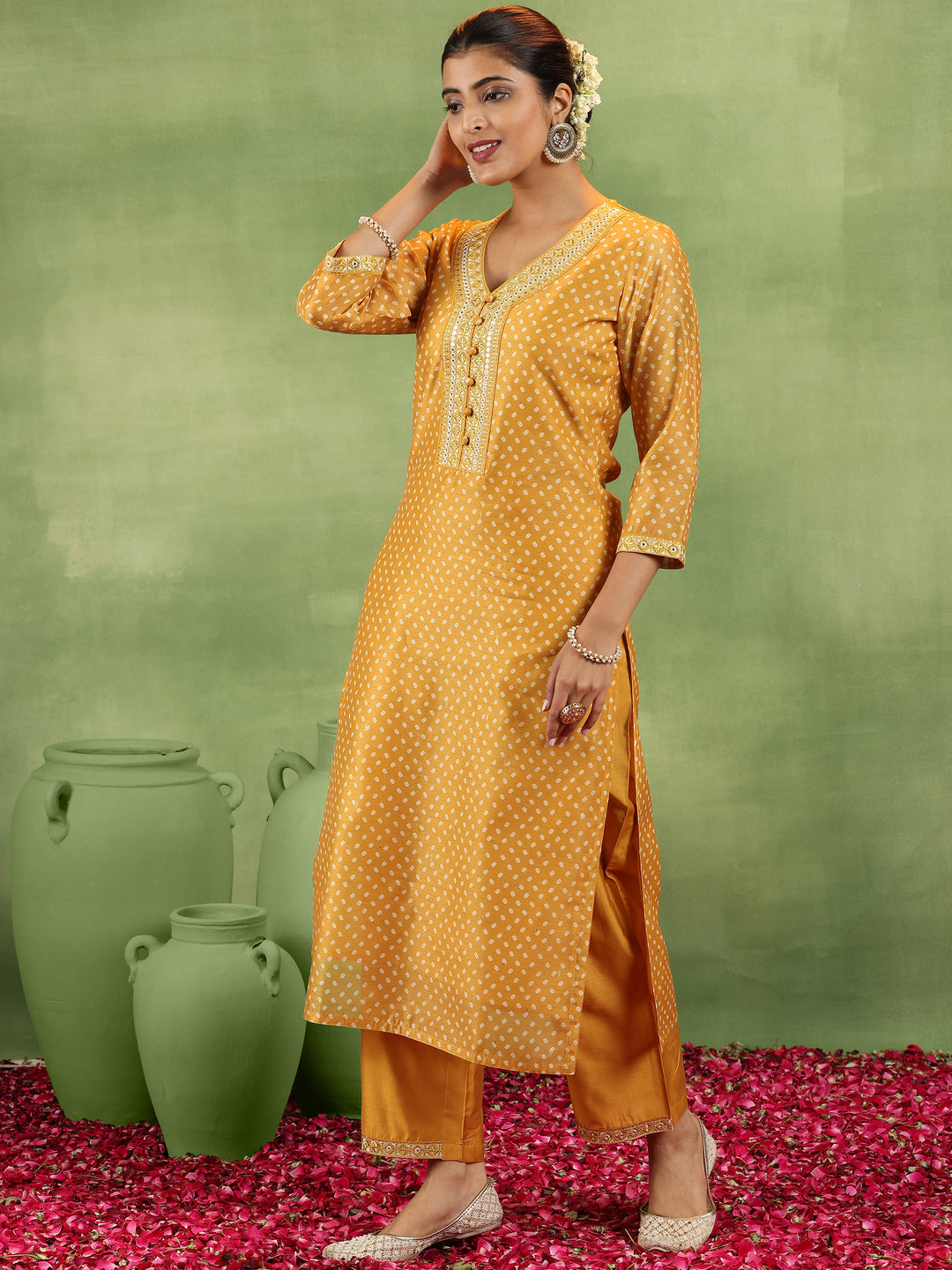 Mustard Printed Silk Blend Straight Suit With Dupatta