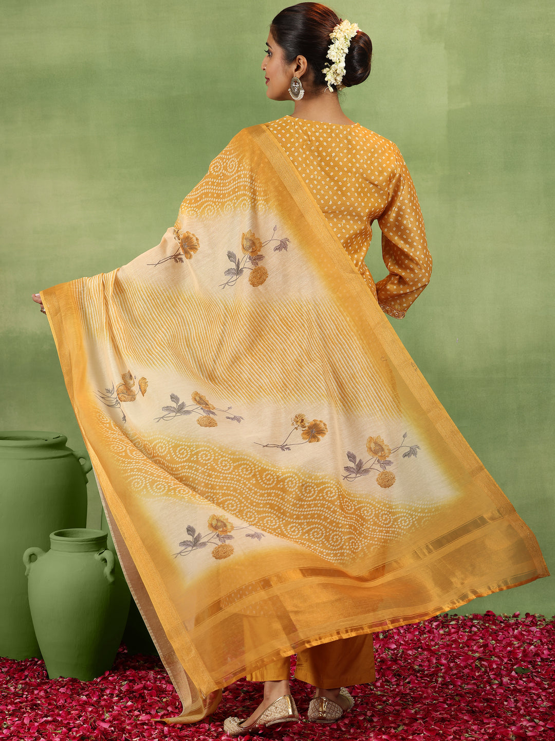 Mustard Printed Silk Blend Straight Suit With Dupatta