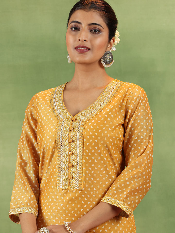 Mustard Printed Silk Blend Straight Suit With Dupatta