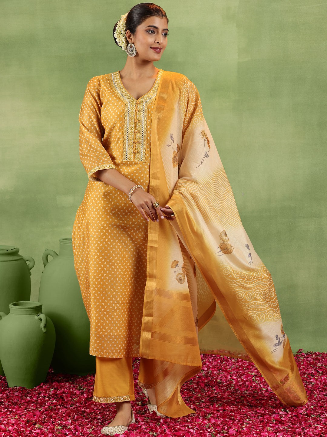 Mustard Printed Silk Blend Straight Suit With Dupatta