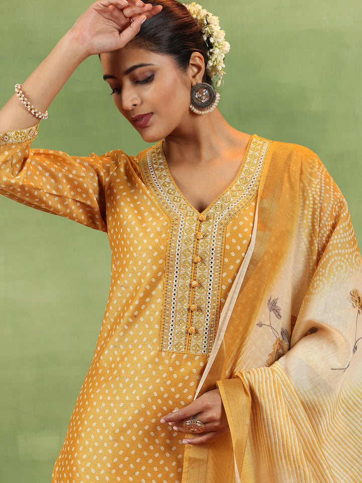 Mustard Printed Silk Blend Straight Suit With Dupatta