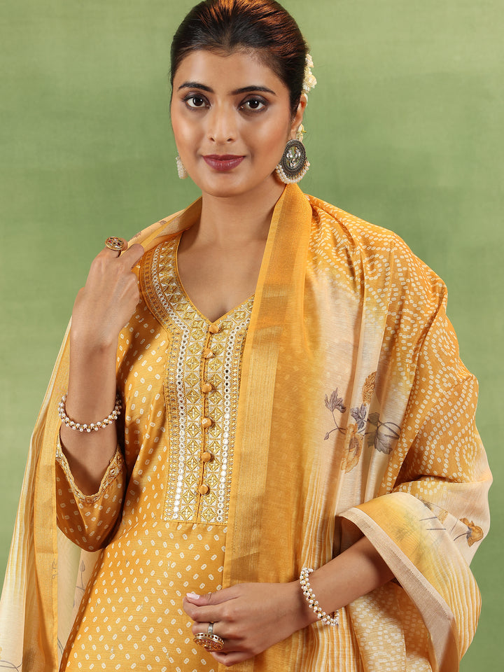 Mustard Printed Silk Blend Straight Suit With Dupatta