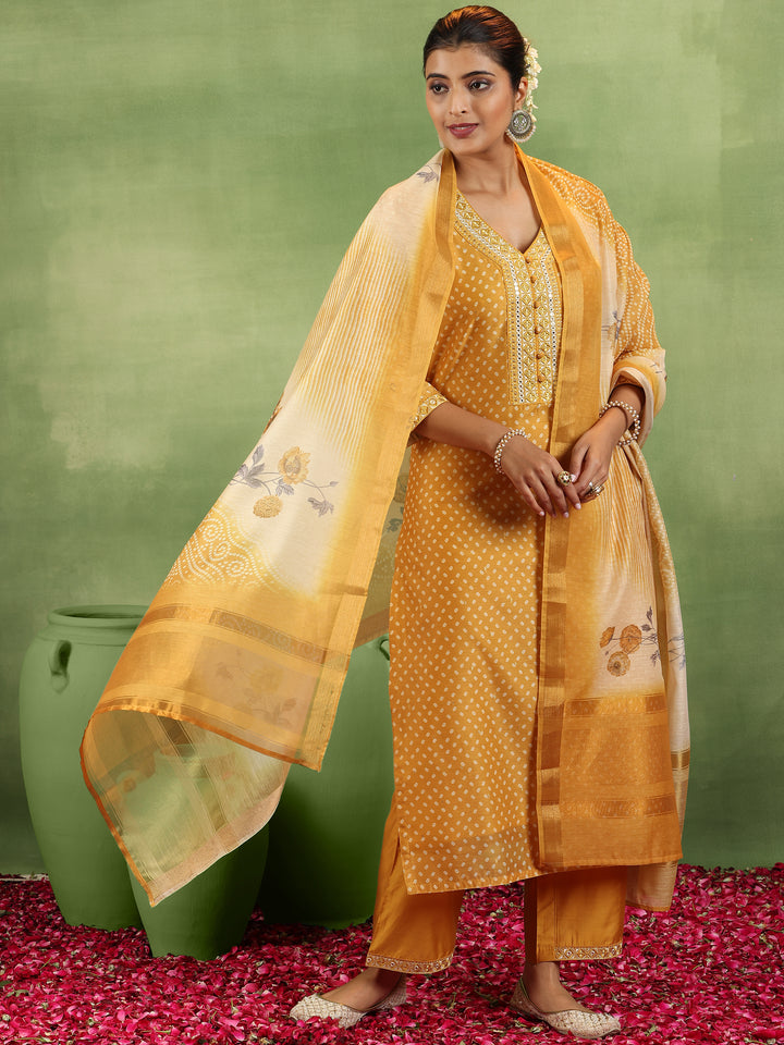 Mustard Printed Silk Blend Straight Suit With Dupatta