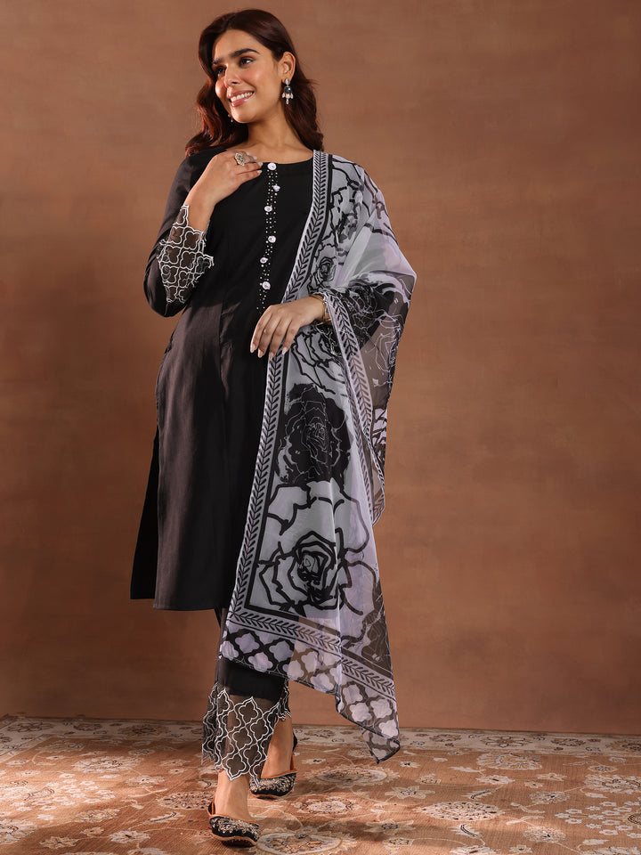 Black Solid Silk Blend Straight Suit With Dupatta