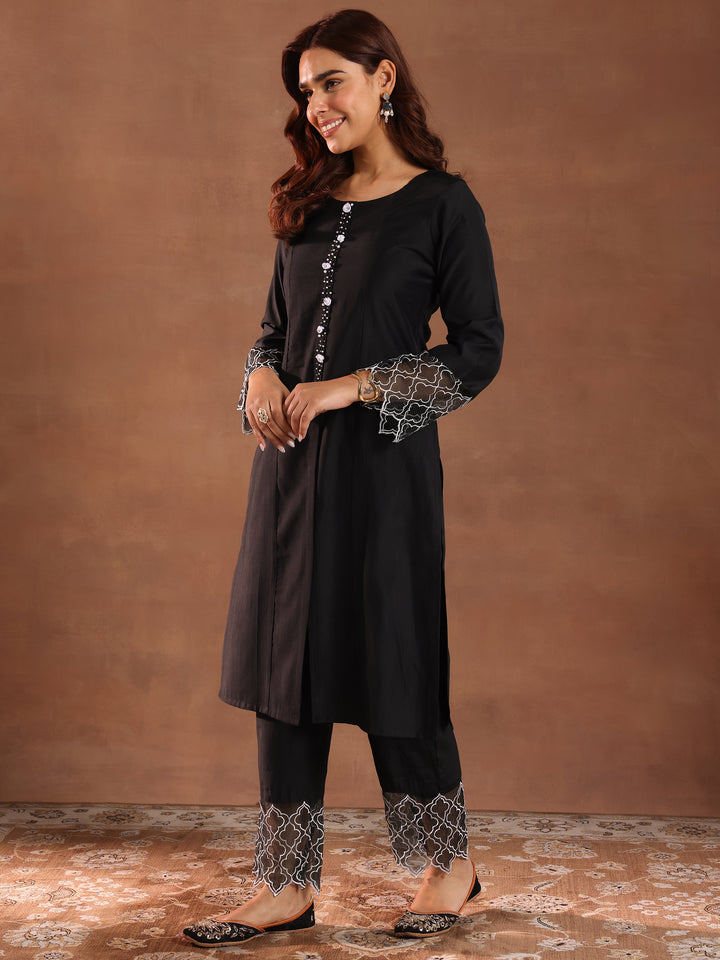Black Solid Silk Blend Straight Suit With Dupatta