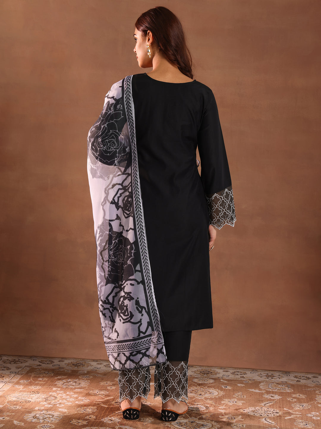 Black Solid Silk Blend Straight Suit With Dupatta