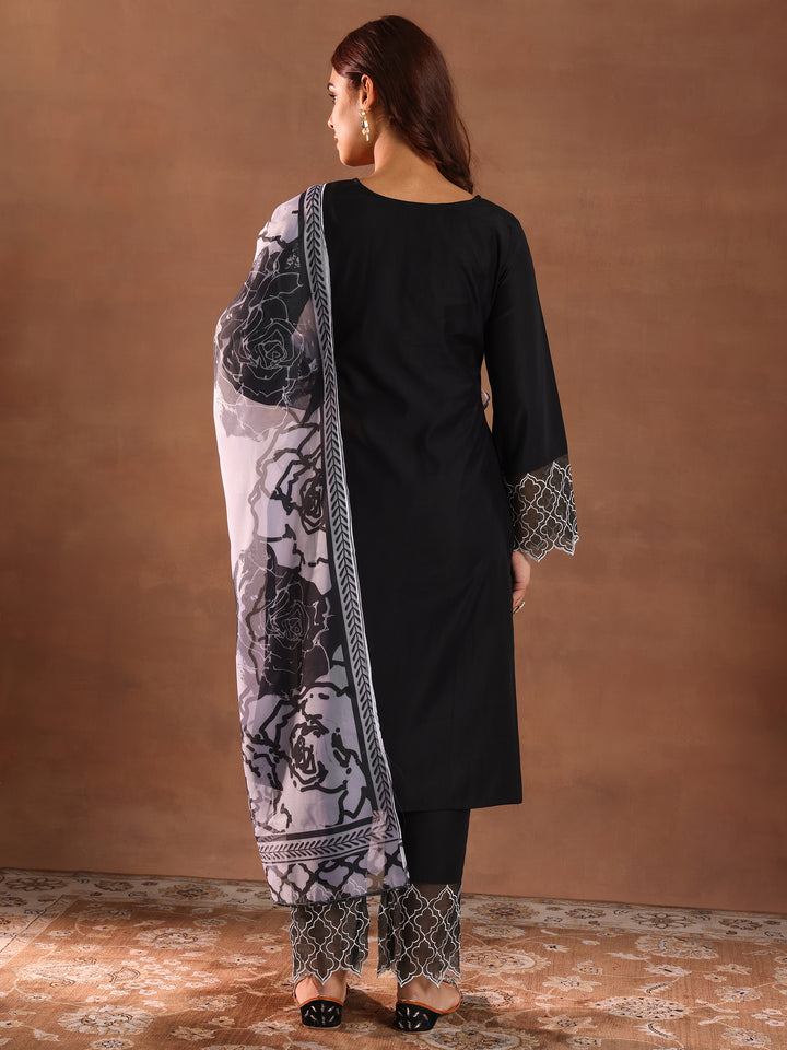 Black Solid Silk Blend Straight Suit With Dupatta