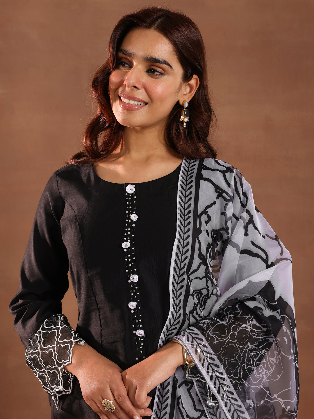 Black Solid Silk Blend Straight Suit With Dupatta