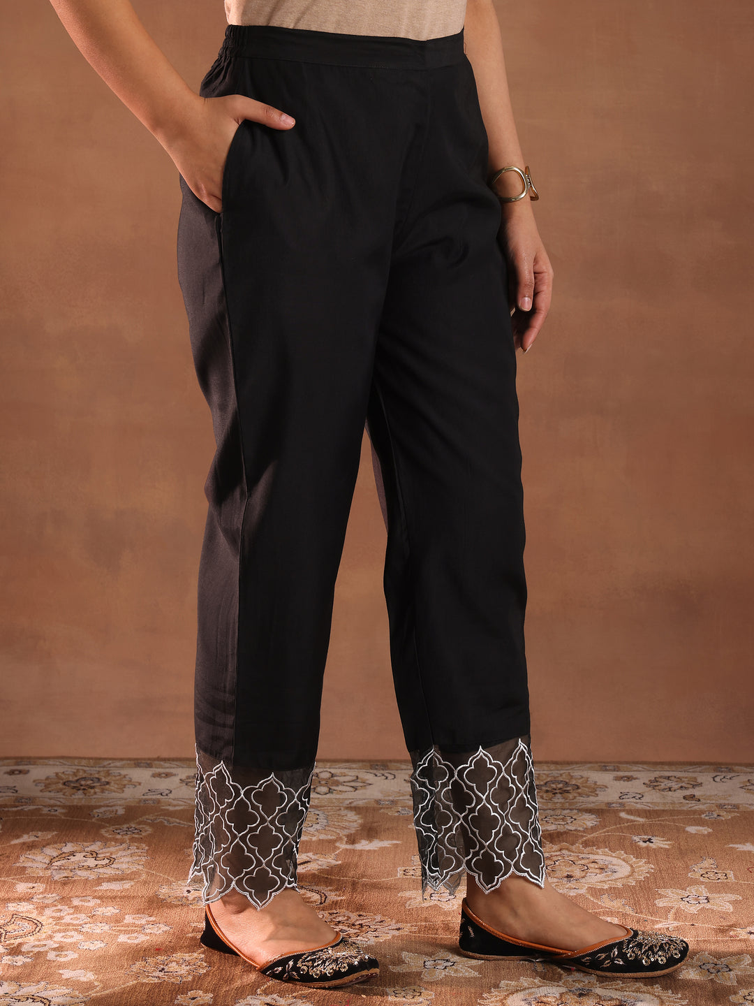 Black Solid Silk Blend Straight Suit With Dupatta