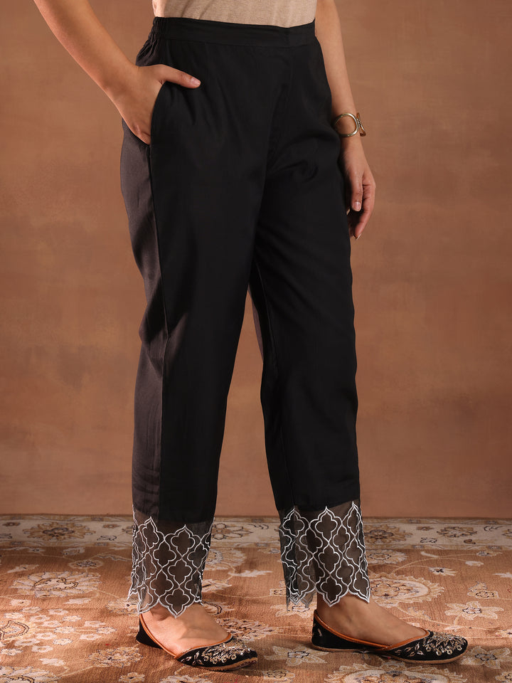 Black Solid Silk Blend Straight Suit With Dupatta