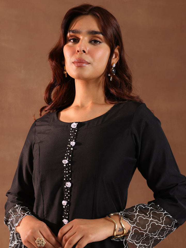 Black Solid Silk Blend Straight Suit With Dupatta