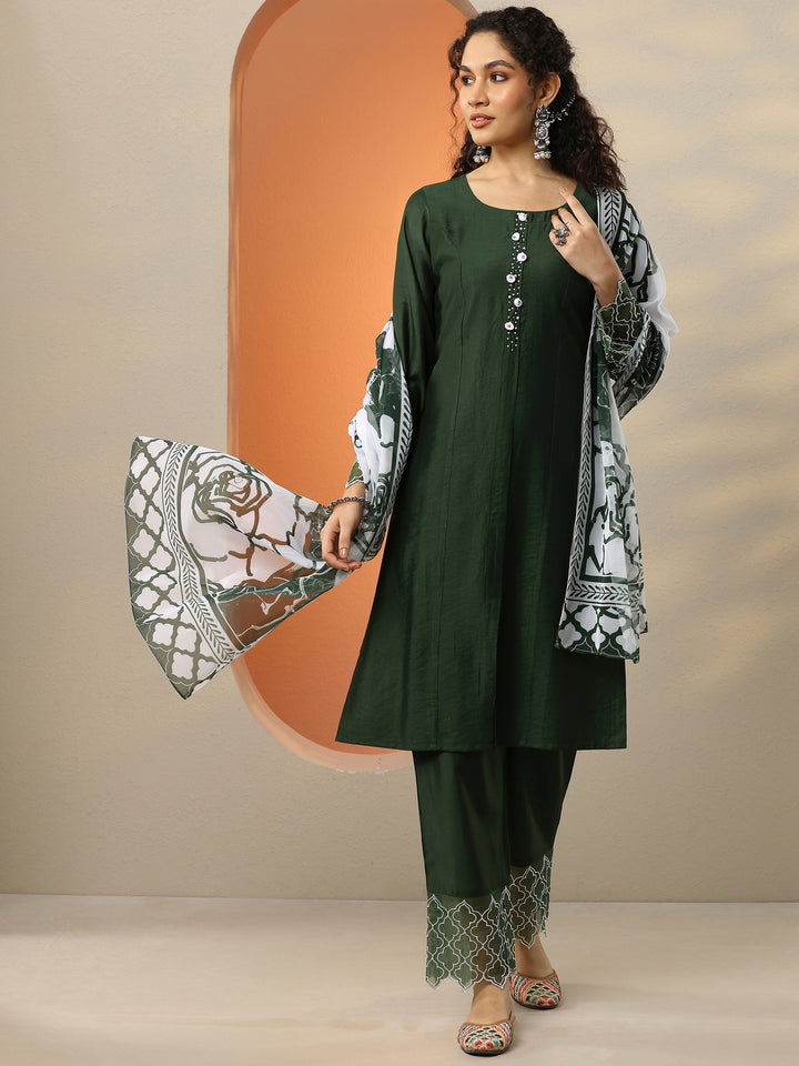 Green Solid Silk Blend Straight Suit With Dupatta