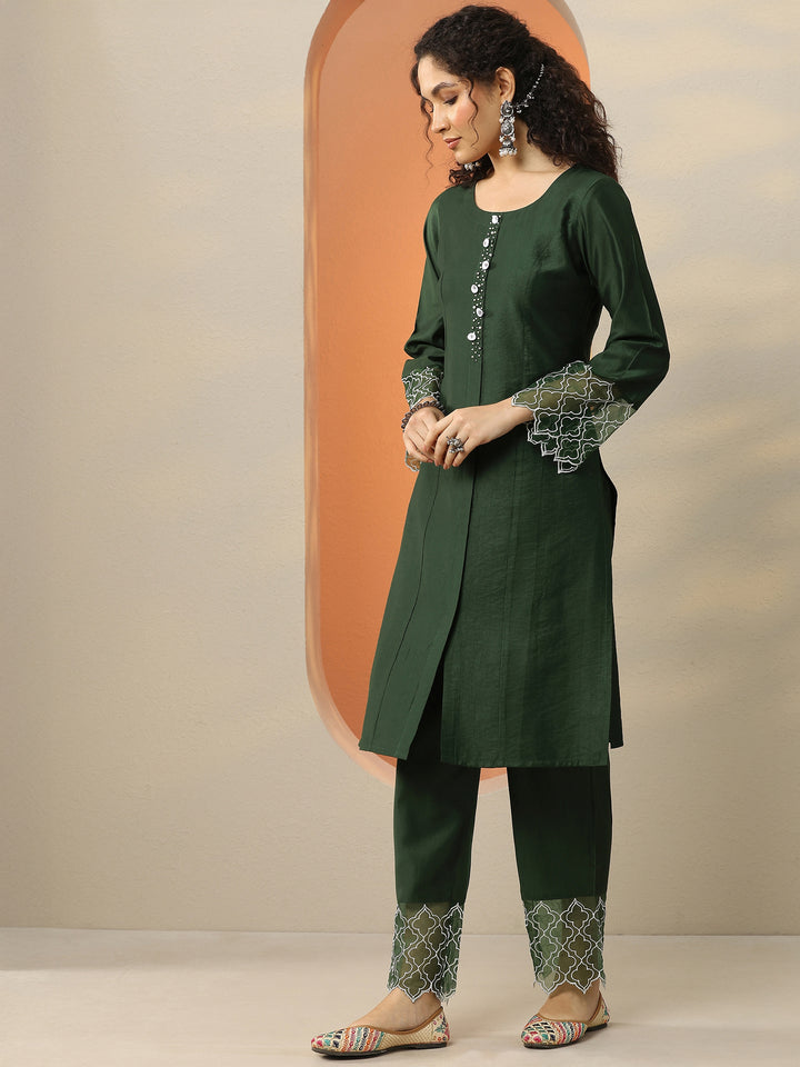 Green Solid Silk Blend Straight Suit With Dupatta
