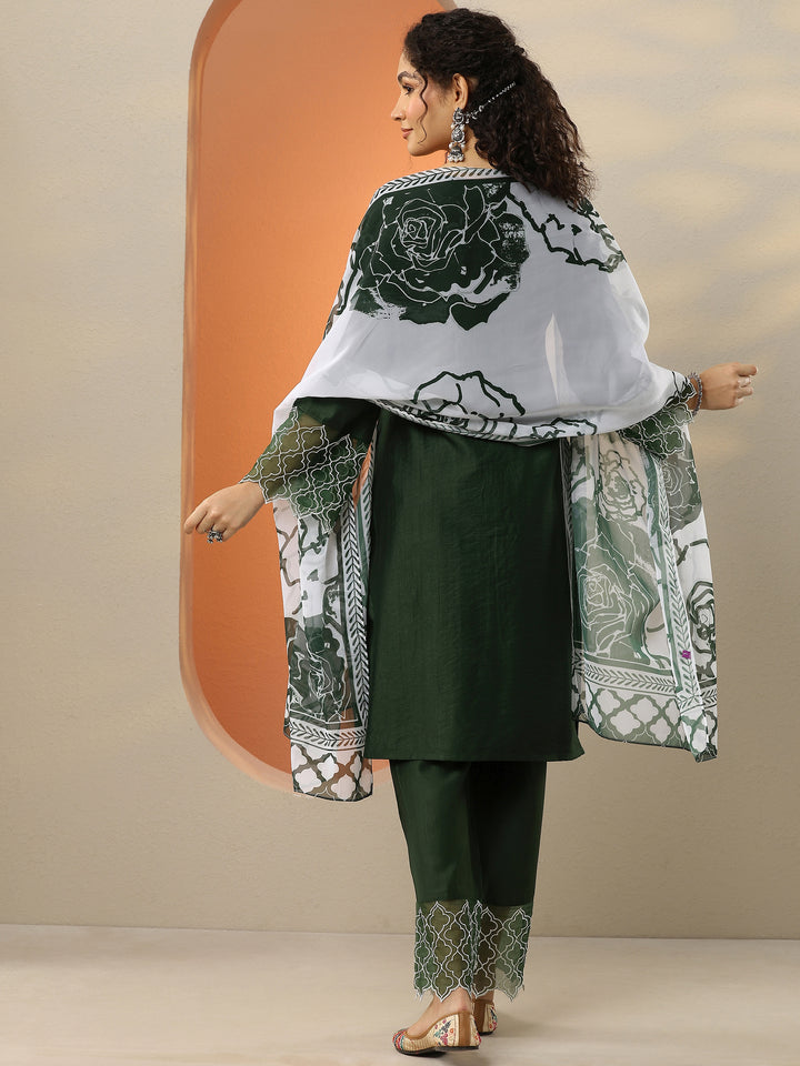 Green Solid Silk Blend Straight Suit With Dupatta