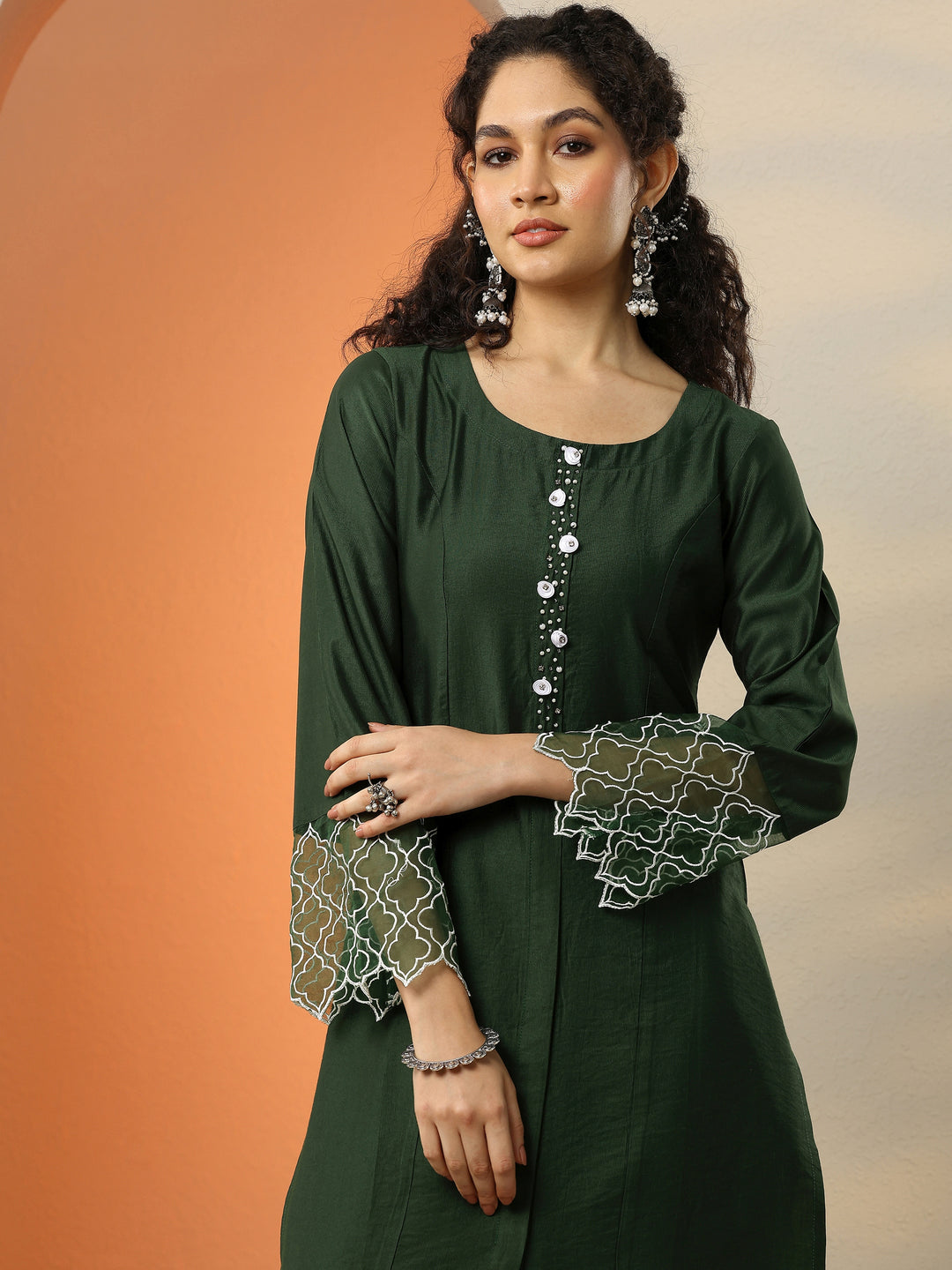 Green Solid Silk Blend Straight Suit With Dupatta