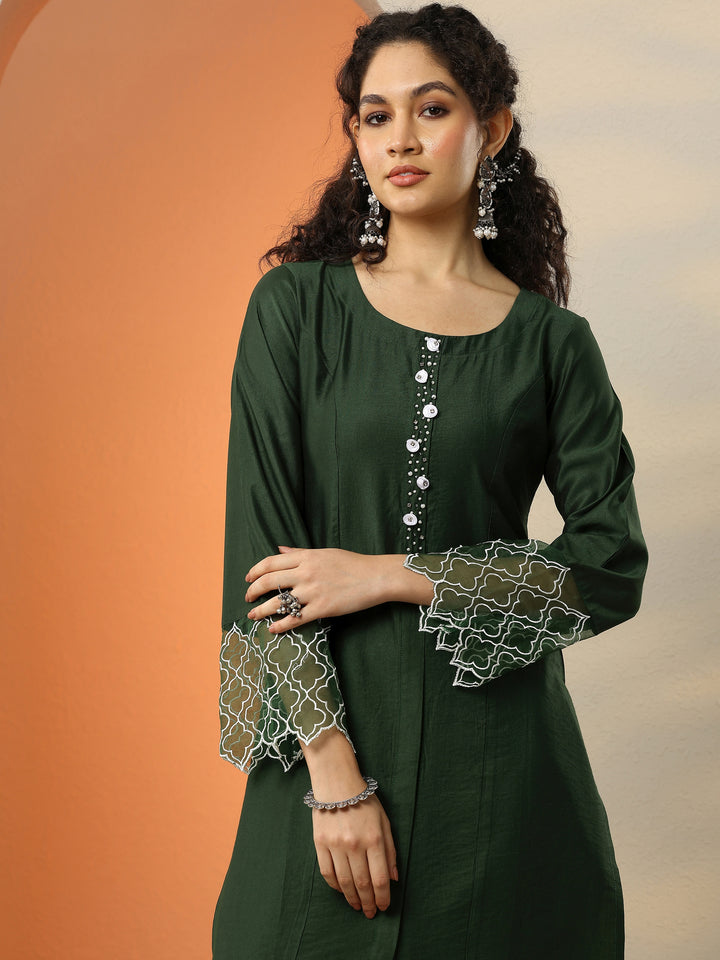 Green Solid Silk Blend Straight Suit With Dupatta