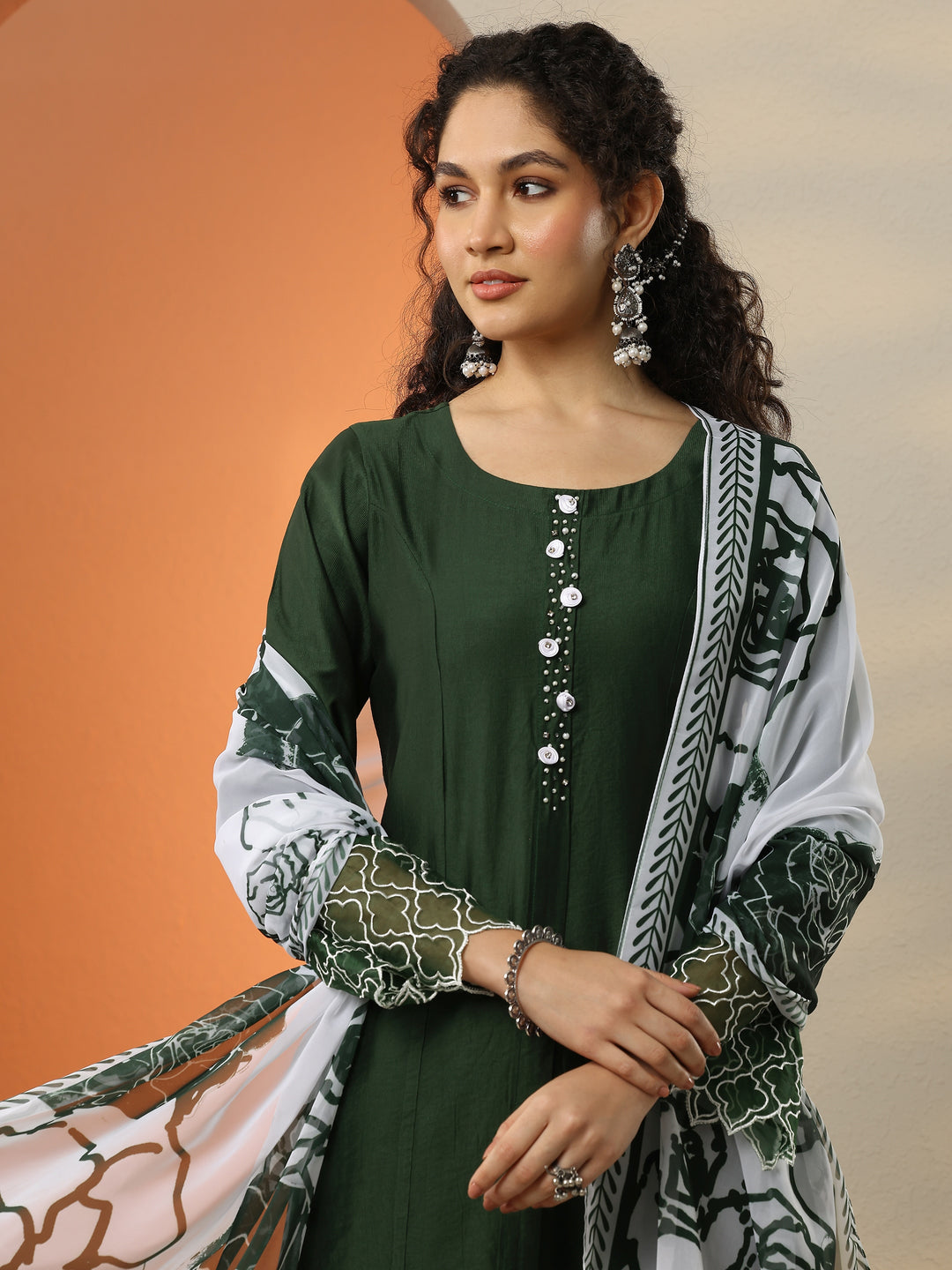 Green Solid Silk Blend Straight Suit With Dupatta